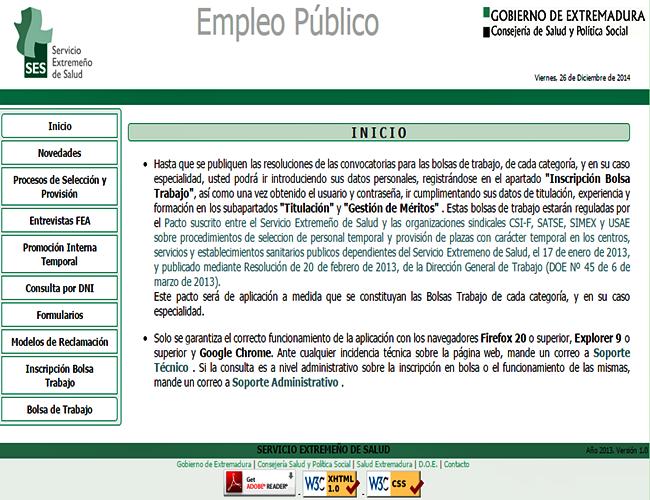 La Bolsa de Empleo del SES requiere navegadores compatibles | Extremadura7dias.com - Diario de Extremadura