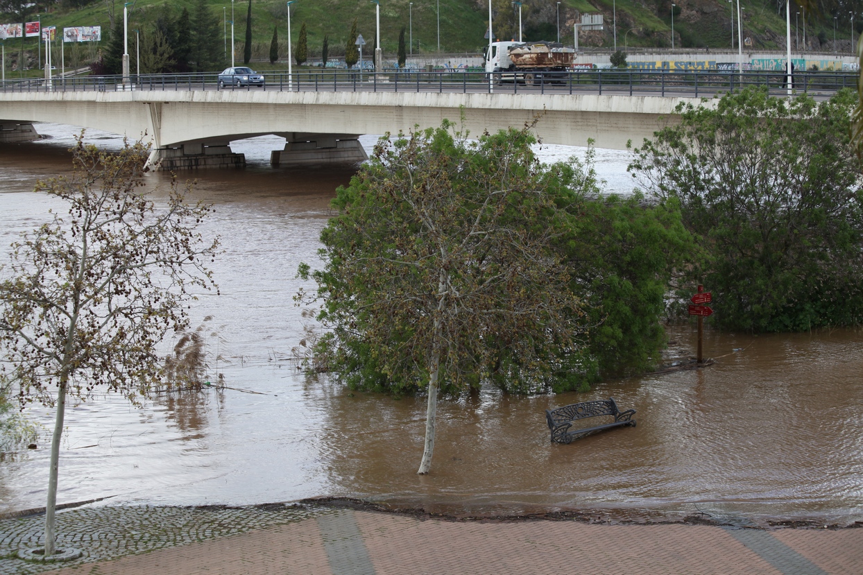 El caudal del Guadiana en Badajoz alcanza al Paseo Fluvial