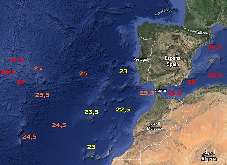 La temperatura del agua en el mar, varios grados por encima