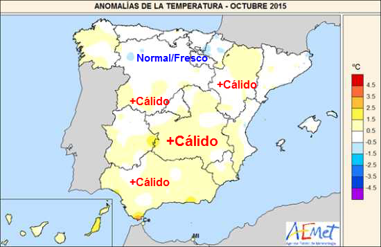 Octubre 2015 en España ha sido algo más cálido y normal en lluvias