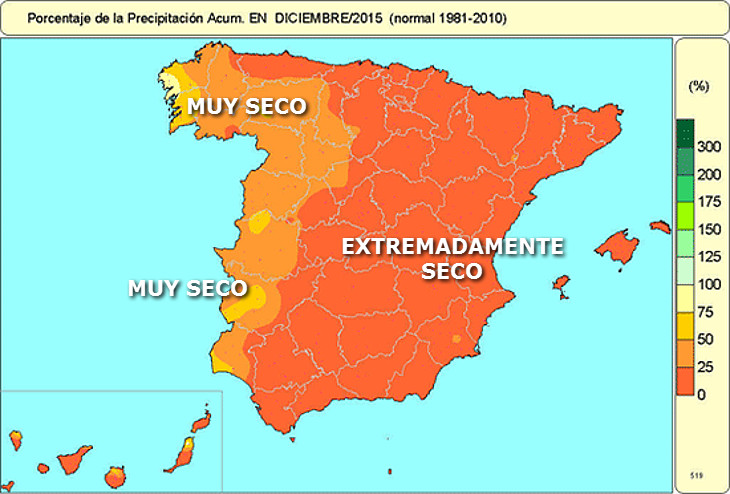 Diciembre 2015 ha sido muy cálido y extremadamente seco en España