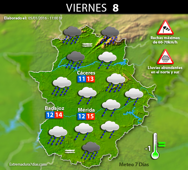 Previsión meteorológica en Extremadura. Días 6, 7 y 8 de enero
