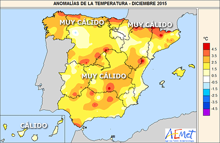 Diciembre 2015 ha sido muy cálido y extremadamente seco en España