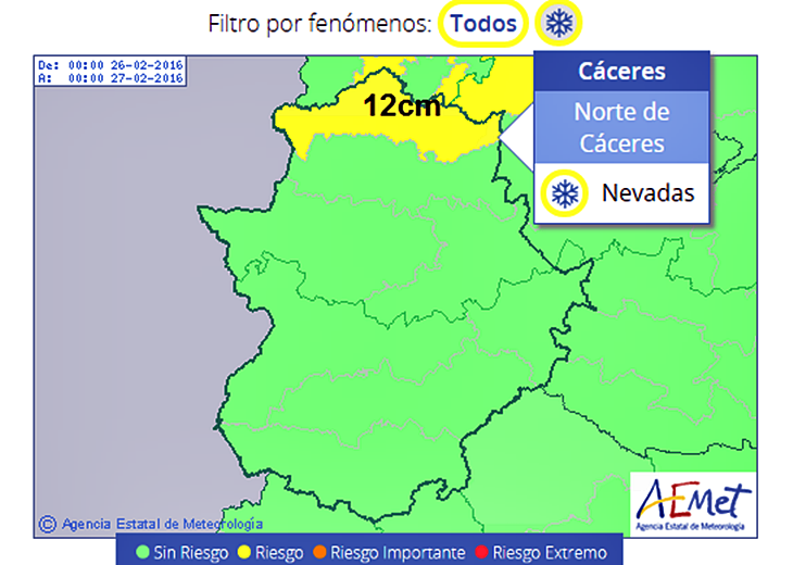 Alerta amarilla por nevadas en el norte de Cáceres