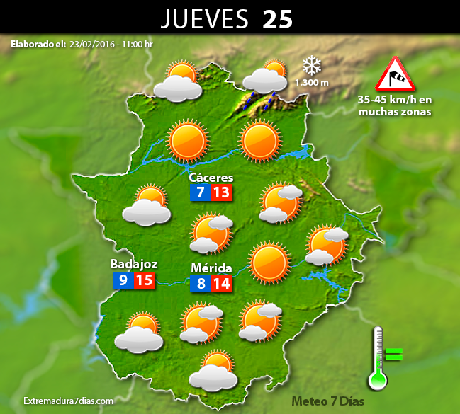 Previsión meteorológica en Extremadura. Días 24, 25 y 26 de febrero