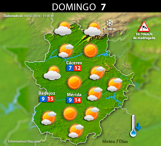 Previsión meteorológica en Extremadura. Días 5, 6, 7 y 8 de febrero