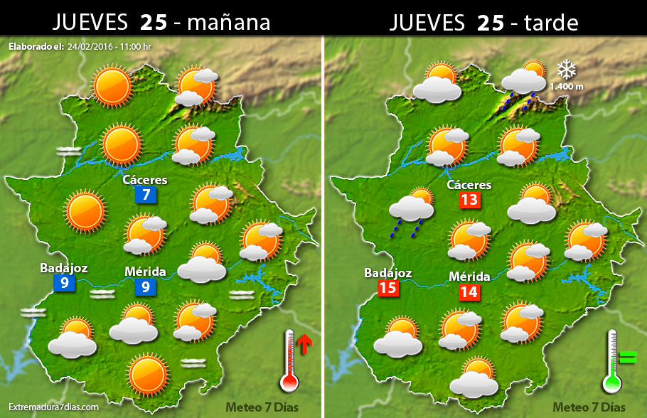 Previsión meteorológica en Extremadura. Días 25, 26 y 27 de febrero