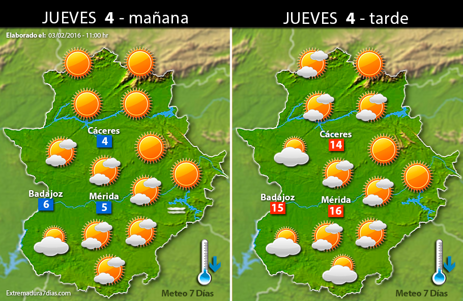 Previsión meteorológica en Extremadura. Días 4, 5, 6 y 7 de febrero
