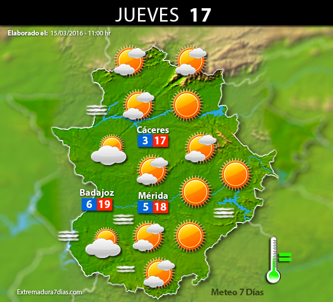 Previsión meteorológica en Extremadura. Días 16, 17 y 18 de marzo
