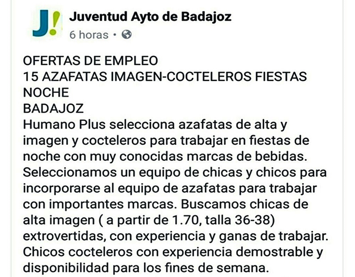 Denuncian la promoción de empleo &quot;sexista&quot; por el ayuntamiento de Badajoz