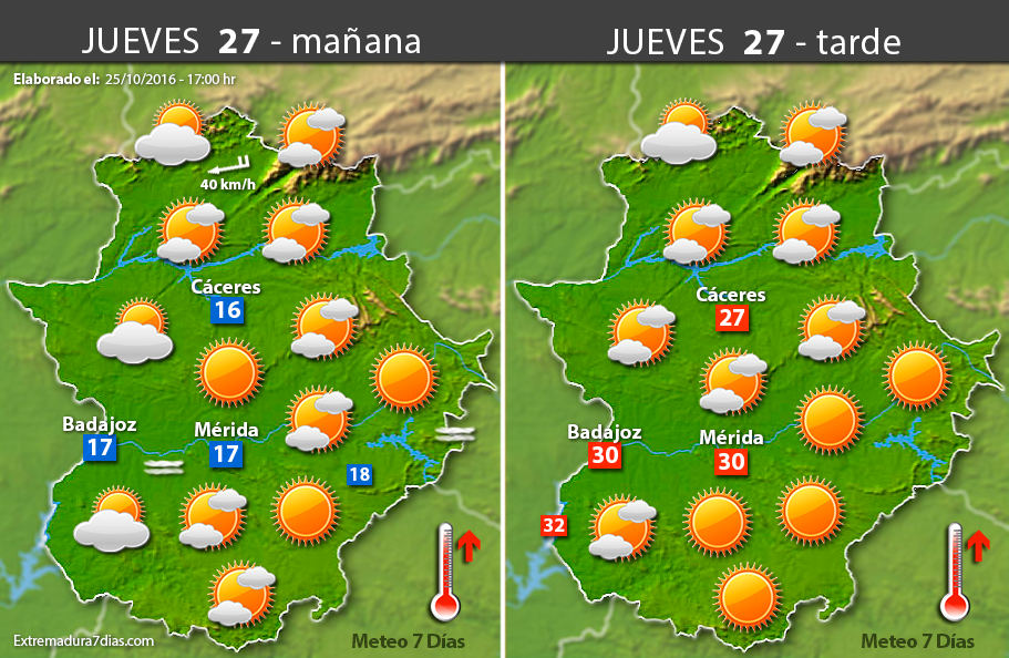 Previsión meteorológica en Extremadura. Días 26, 27 y 28 de octubre