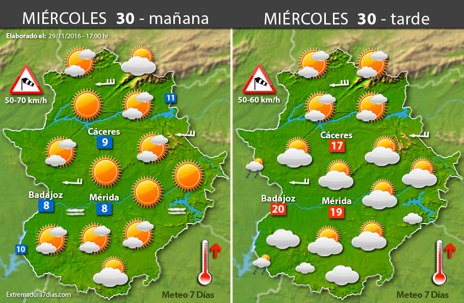 Previsión meteorológica en Extremadura. Días 30 de noviembre, 1 y 2 de diciembre