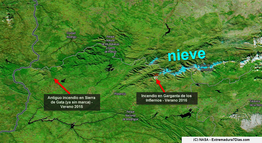 Las heridas del incendio en el Valle del Jerte, todavía visibles desde el espacio