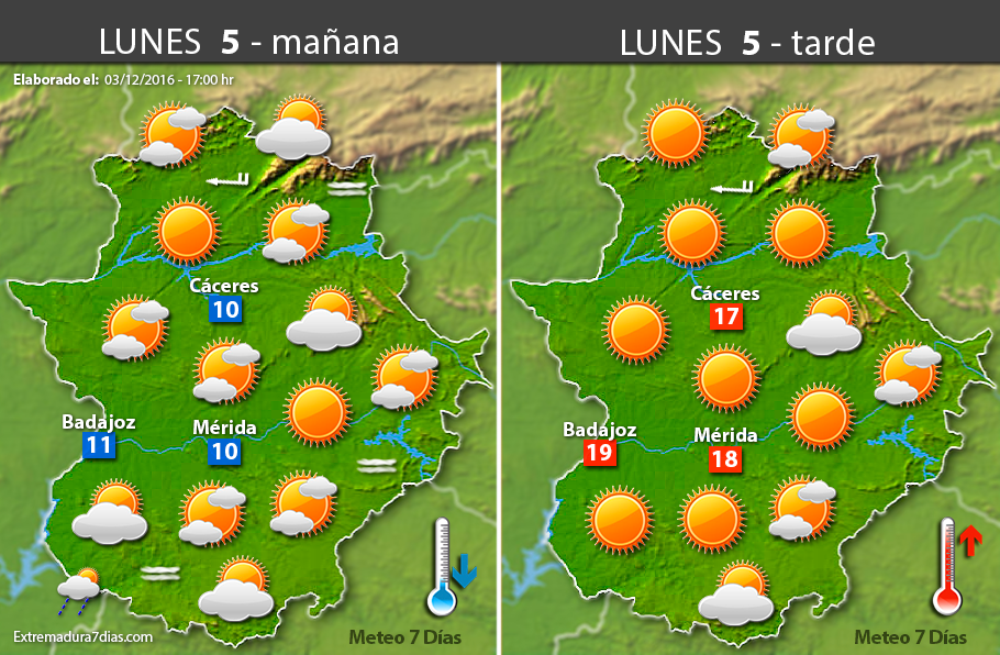 Previsión meteorológica en Extremadura. Días 4, 5 y 6 de diciembre
