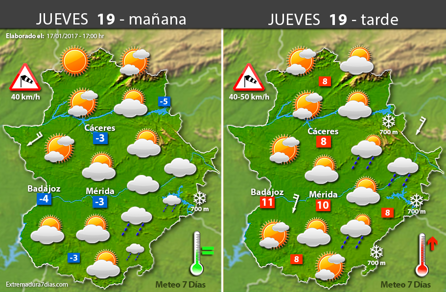 Previsión meteorológica en Extremadura. Días 18, 19 y 20 de enero