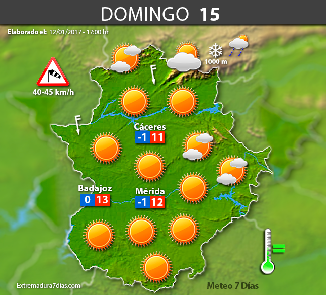 Previsión meteorológica en Extremadura. Días 13, 14 y 15 de enero