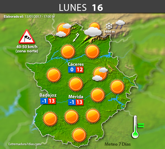 Previsión meteorológica en Extremadura. Días 14, 15 y 16 de enero