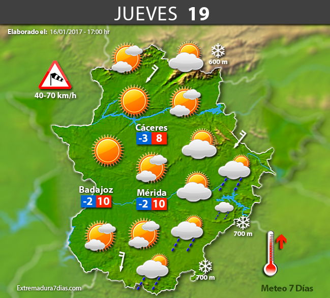 Previsión meteorológica en Extremadura. Días 17, 18 y 19 de enero