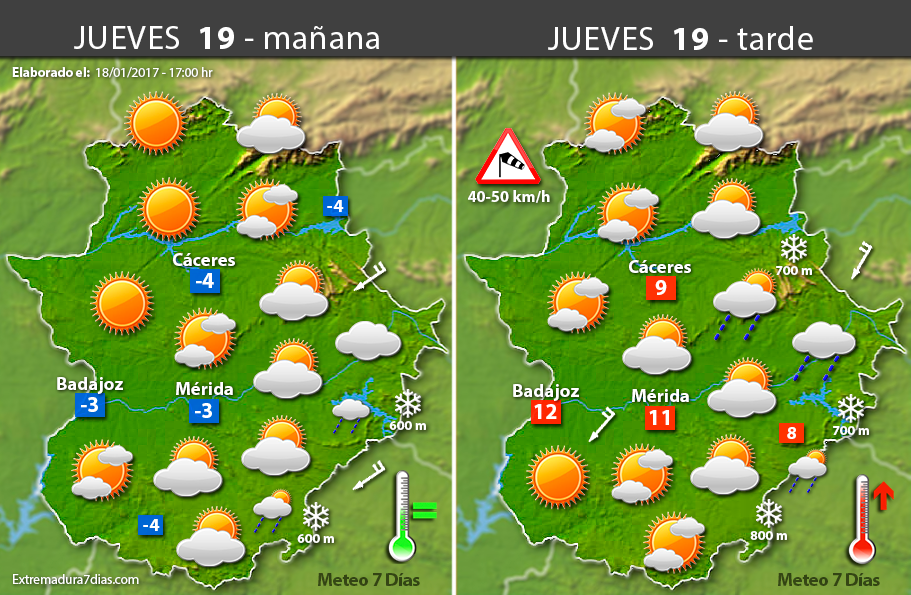 Previsión meteorológica en Extremadura. Días 19, 20 y 21 de enero