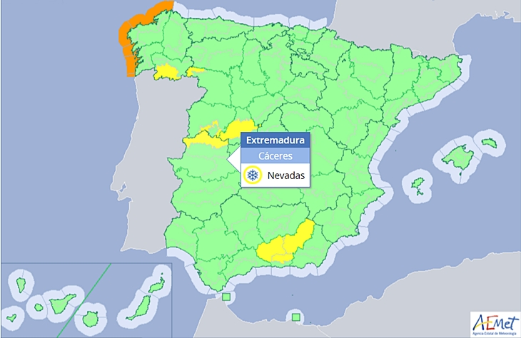 Todo el norte extremeño estará mañana en alerta amarilla por nieve