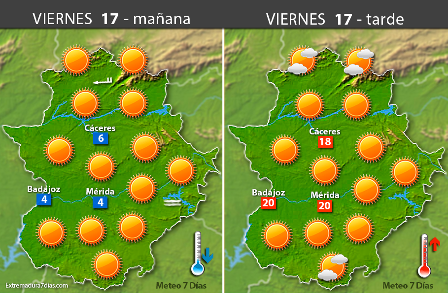 Previsión meteorológica en Extremadura. Días 16, 17 y 18 de febrero