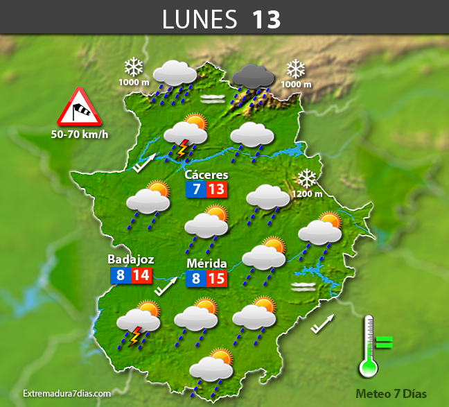 Previsión meteorológica en Extremadura. Días 11, 12 y 13 de febrero