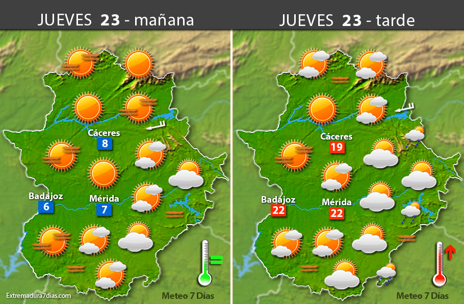 Previsión meteorológica en Extremadura. Días 23, 24 y 25 de febrero