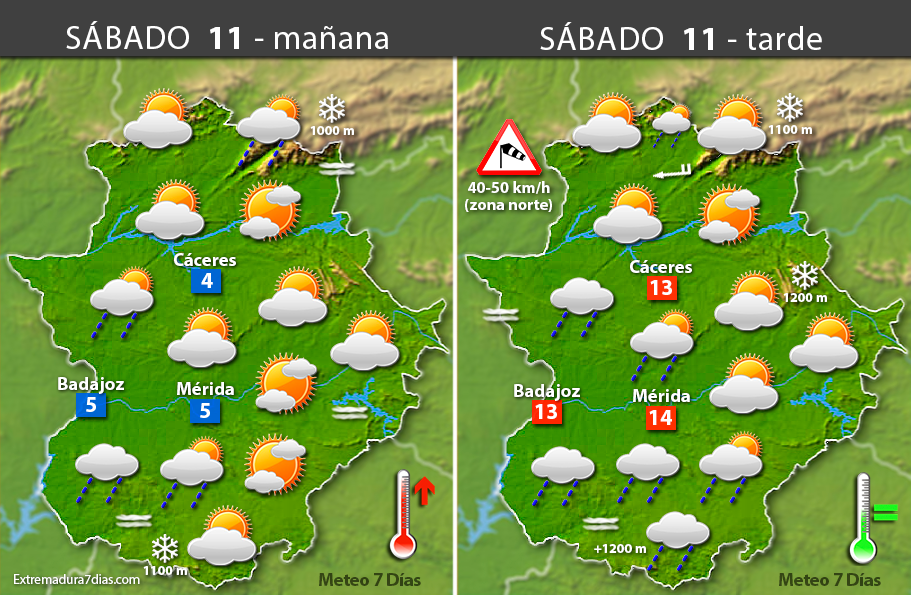 Previsión meteorológica en Extremadura. Días 11, 12 y 13 de febrero