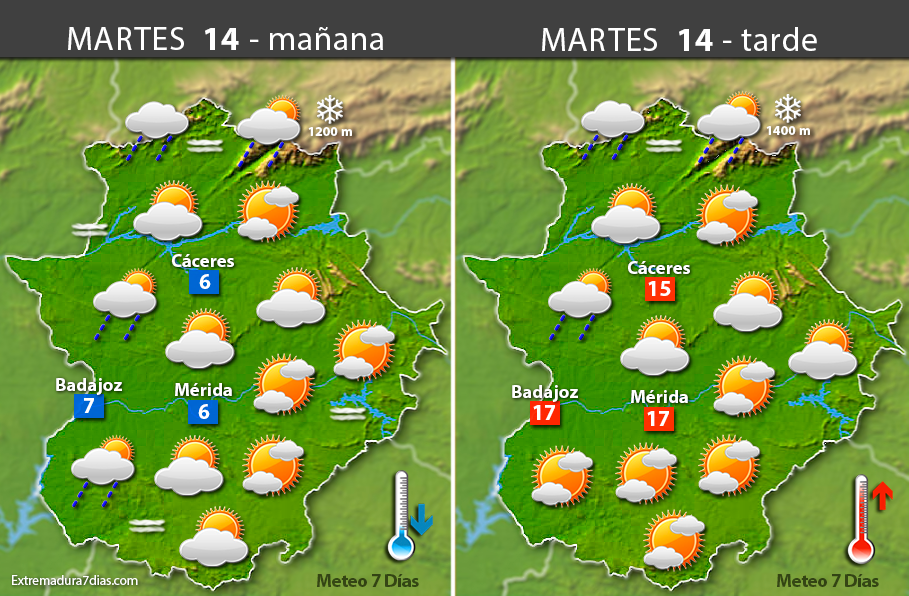 Previsión meteorológica en Extremadura. Días 14, 15 y 16 de febrero