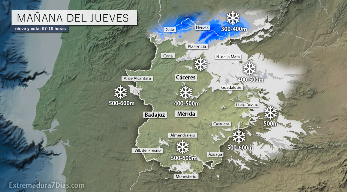 Se mantiene la previsión de nevadas en cotas bajas este jueves en Extremadura