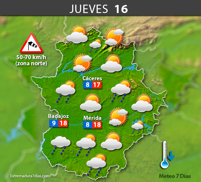 Previsión meteorológica en Extremadura. Días 14, 15 y 16 de marzo