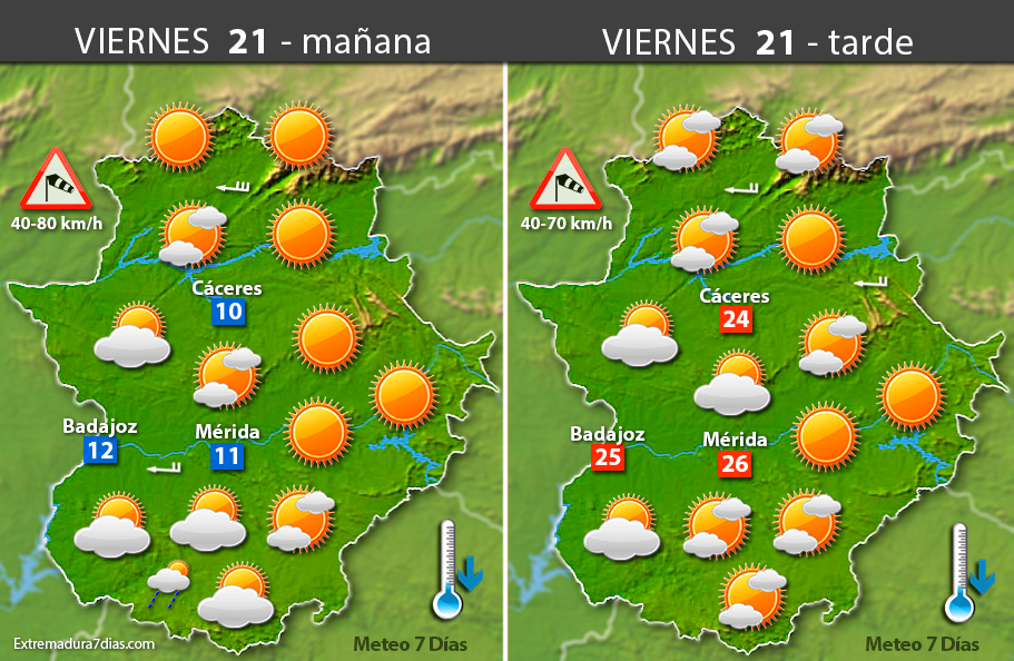 Previsión meteorológica en Extremadura. Días 21, 22 y 23 de abril