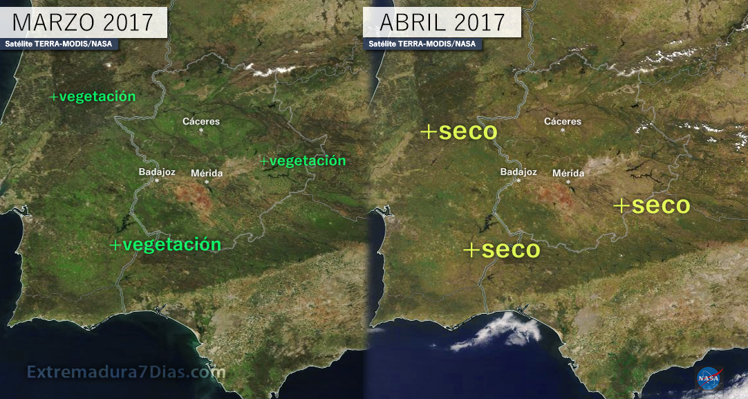 Extremadura se muestra cada vez más seca desde el espacio debido a la falta de lluvias