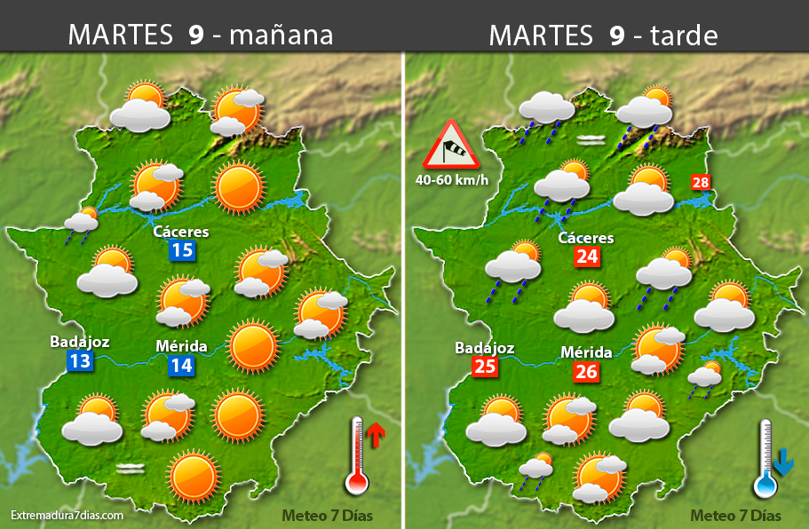 Previsión meteorológica en Extremadura. Días 9, 10 y 11 de mayo