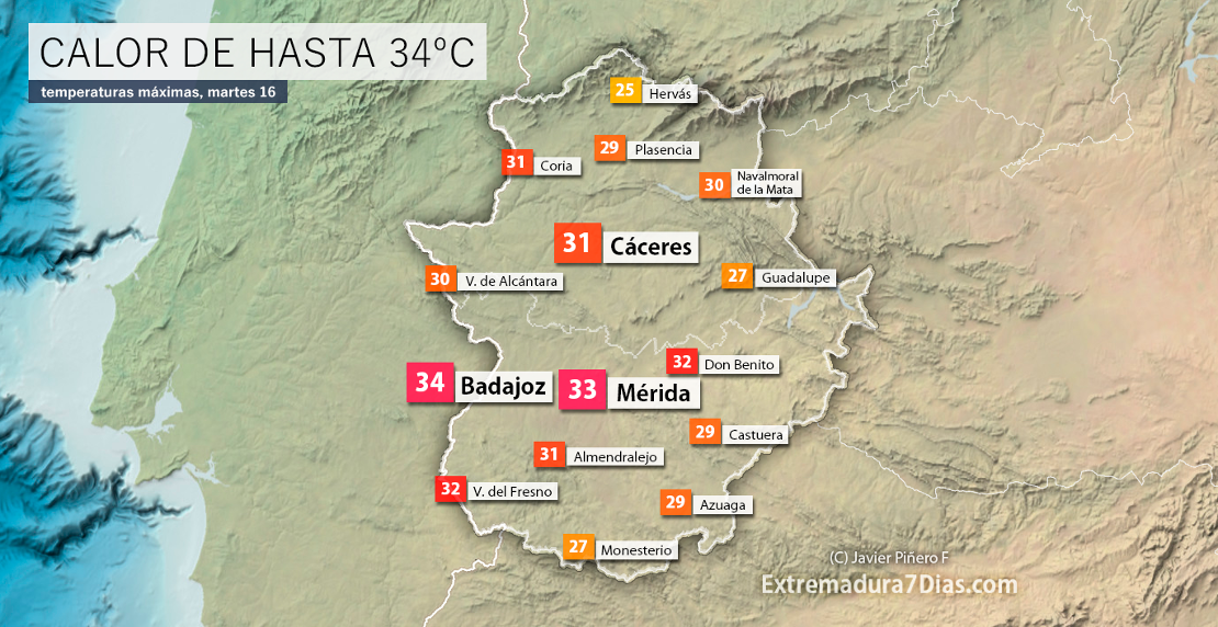 Extremadura alcanzará hoy los 34ºC en algunas zonas
