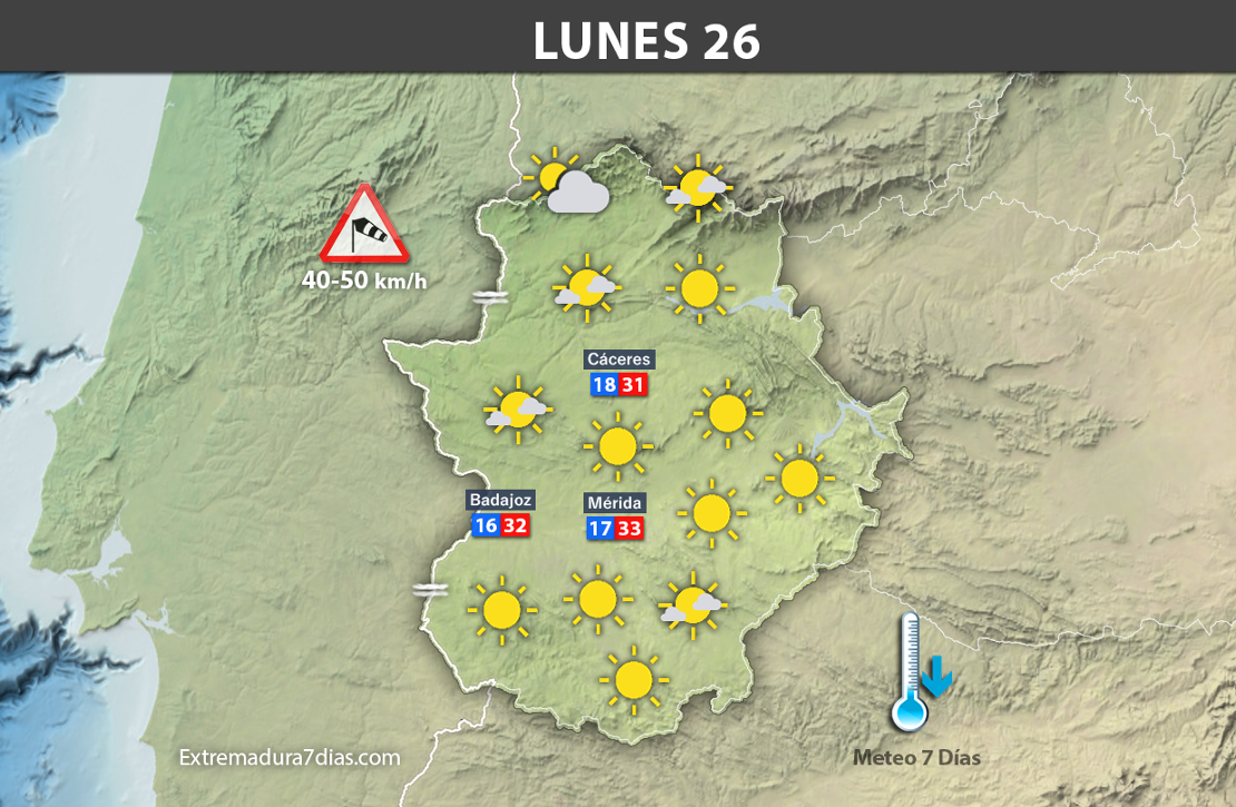 Previsión meteorológica en Extremadura. Días 24, 25 y 26 de junio