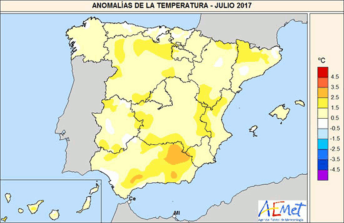 Julio 2017 en España: el octavo más cálido desde 1965 y el sexto del siglo XXI
