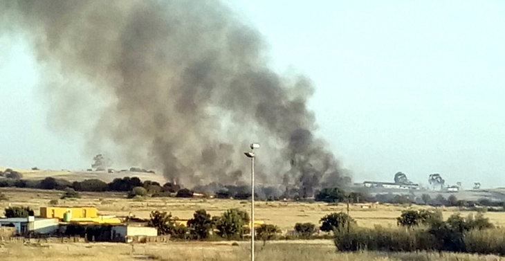 Los bomberos intentan apagar un incendio en la carretera de Olivenza