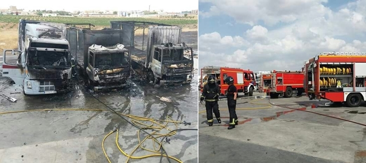 Un herido y tres camiones calcinados en un incendio en Almendralejo