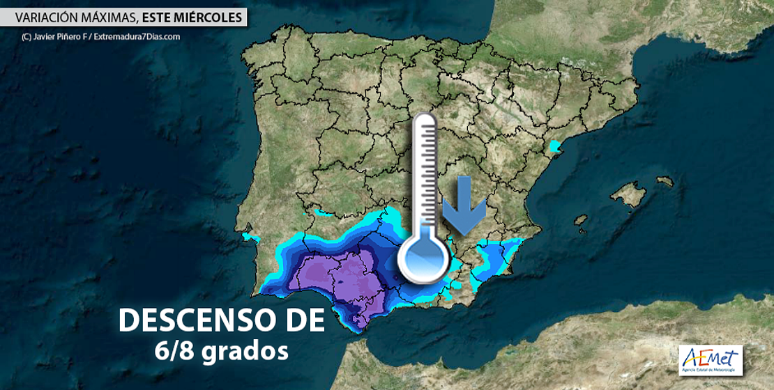Notable descenso térmico y algunos chubascos en el sur de Extremadura este miércoles