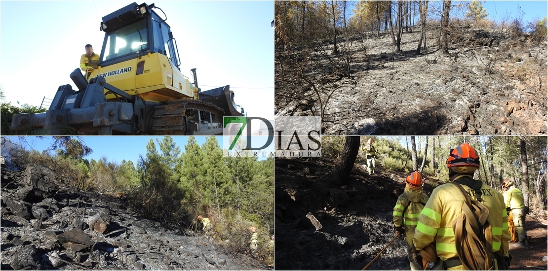 Bomberos forestales trabajan para sofocar un incendio en la Sierra de San Pedro