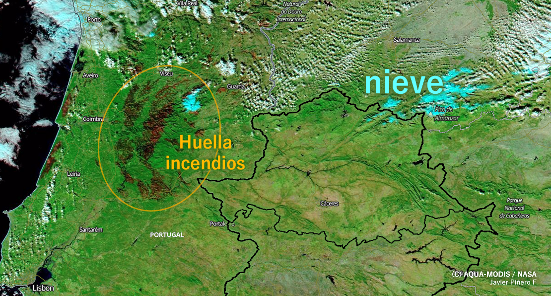 En la misma imagen, nieve al norte de Cáceres y heridas de incendios en Portugal