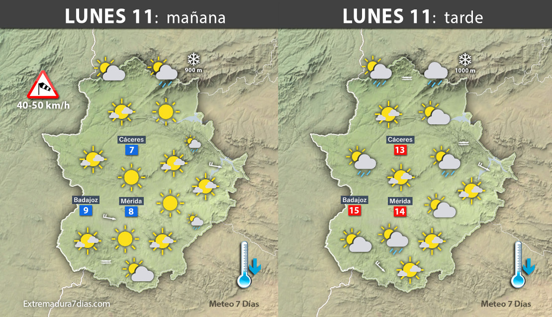 Previsión meteorológica en Extremadura. Días 11, 12 y 13 de diciembre