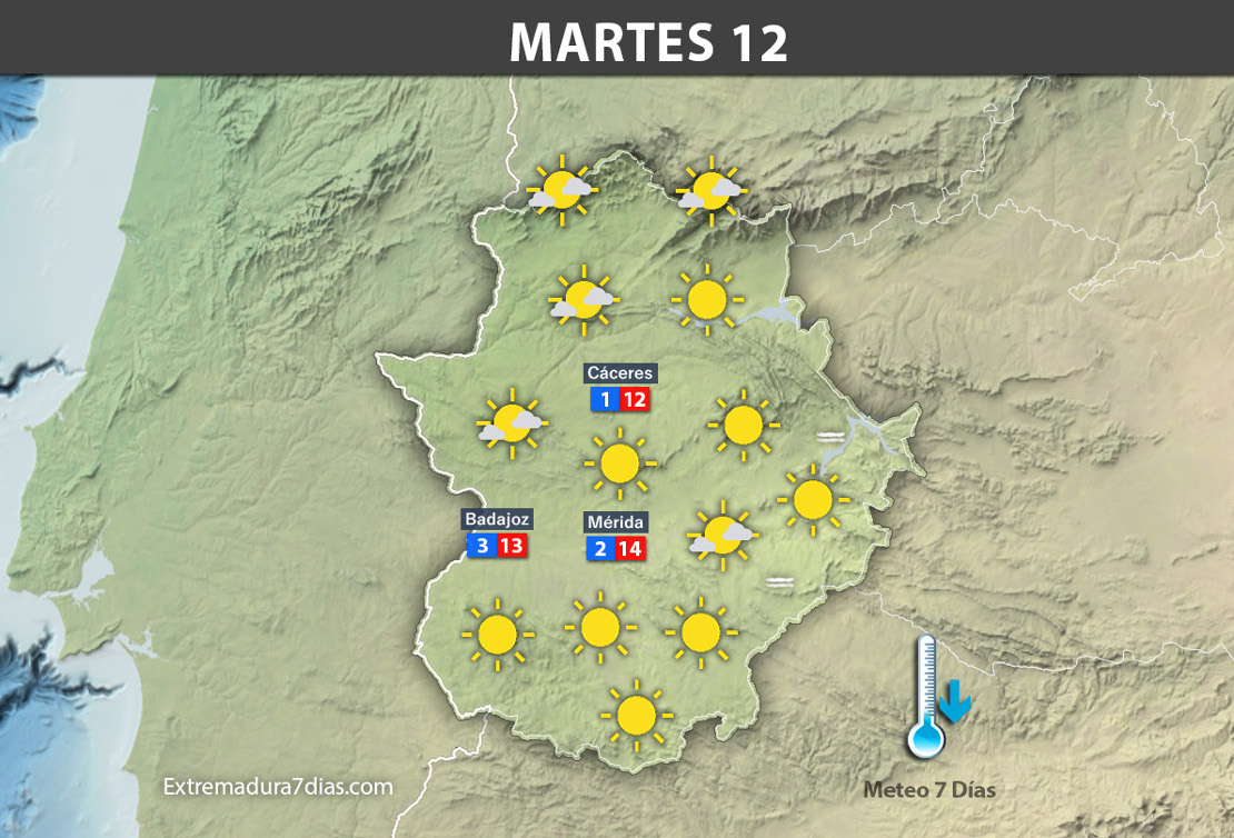 Previsión meteorológica en Extremadura. Días 11, 12 y 13 de diciembre