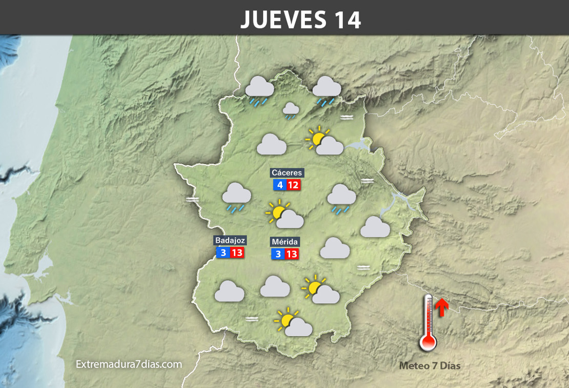 Previsión meteorológica en Extremadura. Días 12, 13 y 14 de diciembre