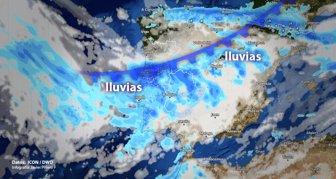 Un pequeño frente cruzará Extremadura este jueves y viernes, pero ¿cuánto lloverá?