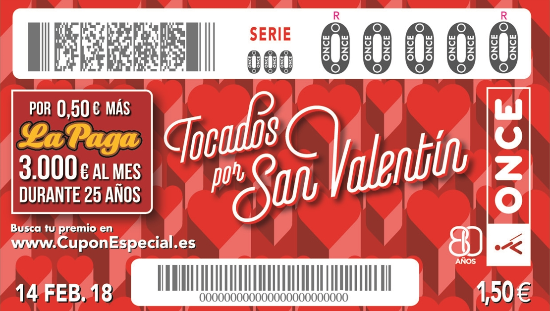 Cupones de la ONCE ‘tocados por San Valentín’