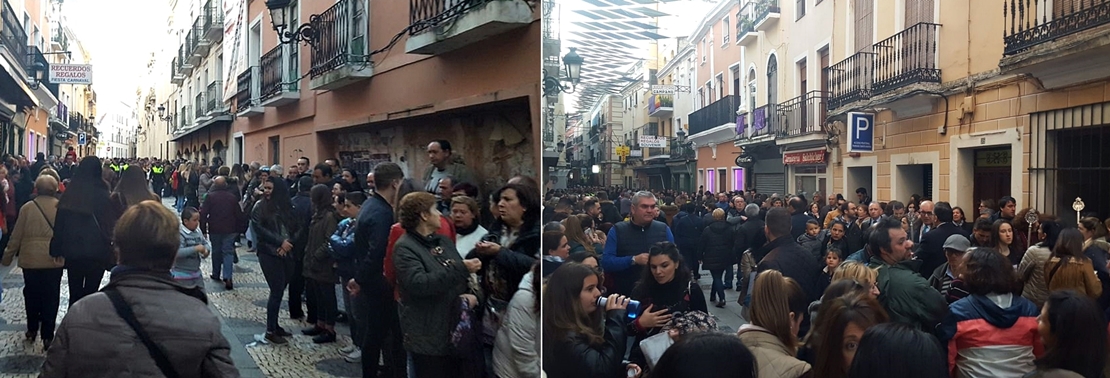 Ambiente en la calle San Juan para ver la salida del Lunes Santo