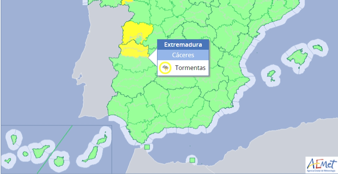 Alerta amarilla por tormentas en el Norte de Cáceres, Tajo y Alagón