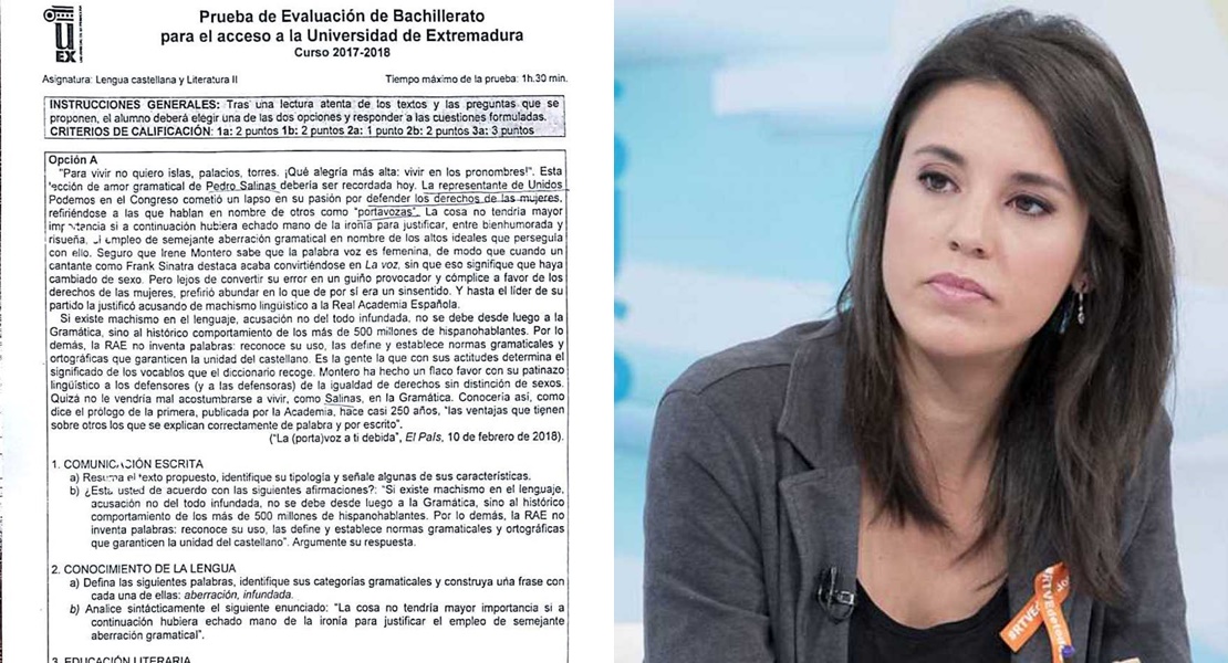 La UEx utiliza un texto que critica a Irene Montero en la prueba de Selectividad